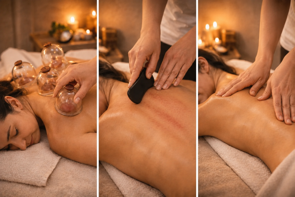 Tuina An Mo mit Gua Sha und Schröpfen Tuina An Mo Massage mit Gua Sha, Schröpfen und manuellen Grifftechniken in ruhiger Atmosphäre in Wien 1050